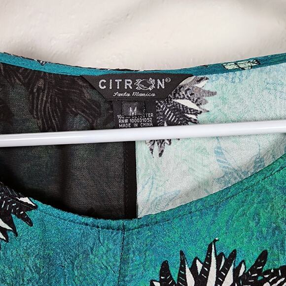 Citron Tunic Top Silk Floral Jacquard Aqua Black Art to Wear Size Medium Roomy - Picture 2 of 9